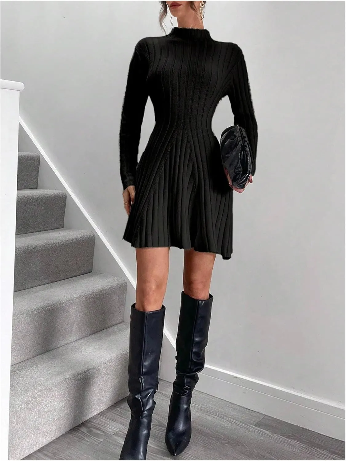 SOLY HUX Women's Long Sleeve Sweater Dress Mock Neck Ribbed Knit Elegant Flared Mini Dresses