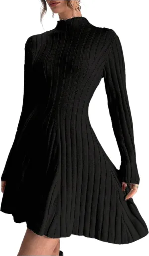 SOLY HUX Women's Long Sleeve Sweater Dress Mock Neck Ribbed Knit Elegant Flared Mini Dresses