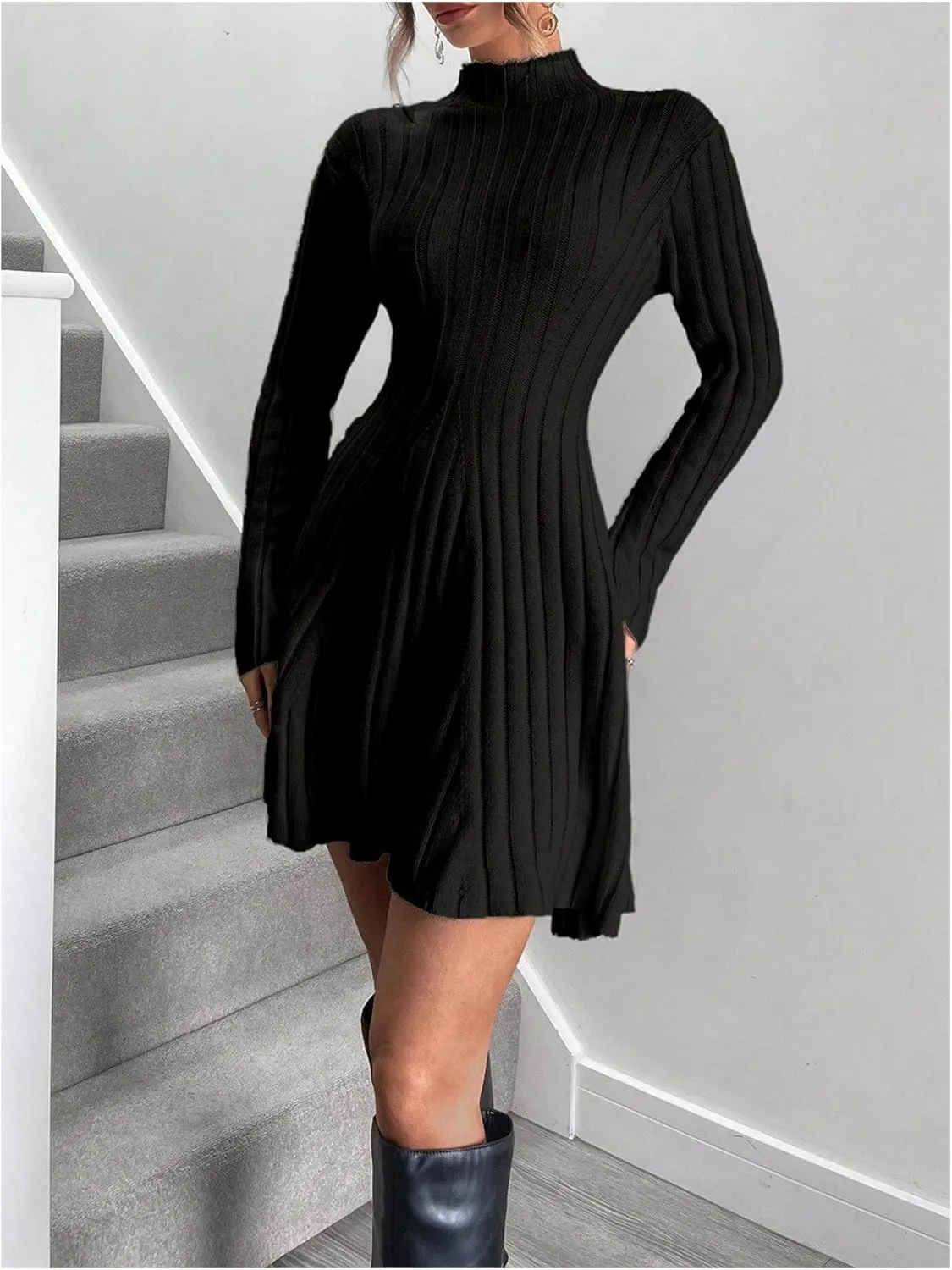 SOLY HUX Women's Long Sleeve Sweater Dress Mock Neck Ribbed Knit Elegant Flared Mini Dresses