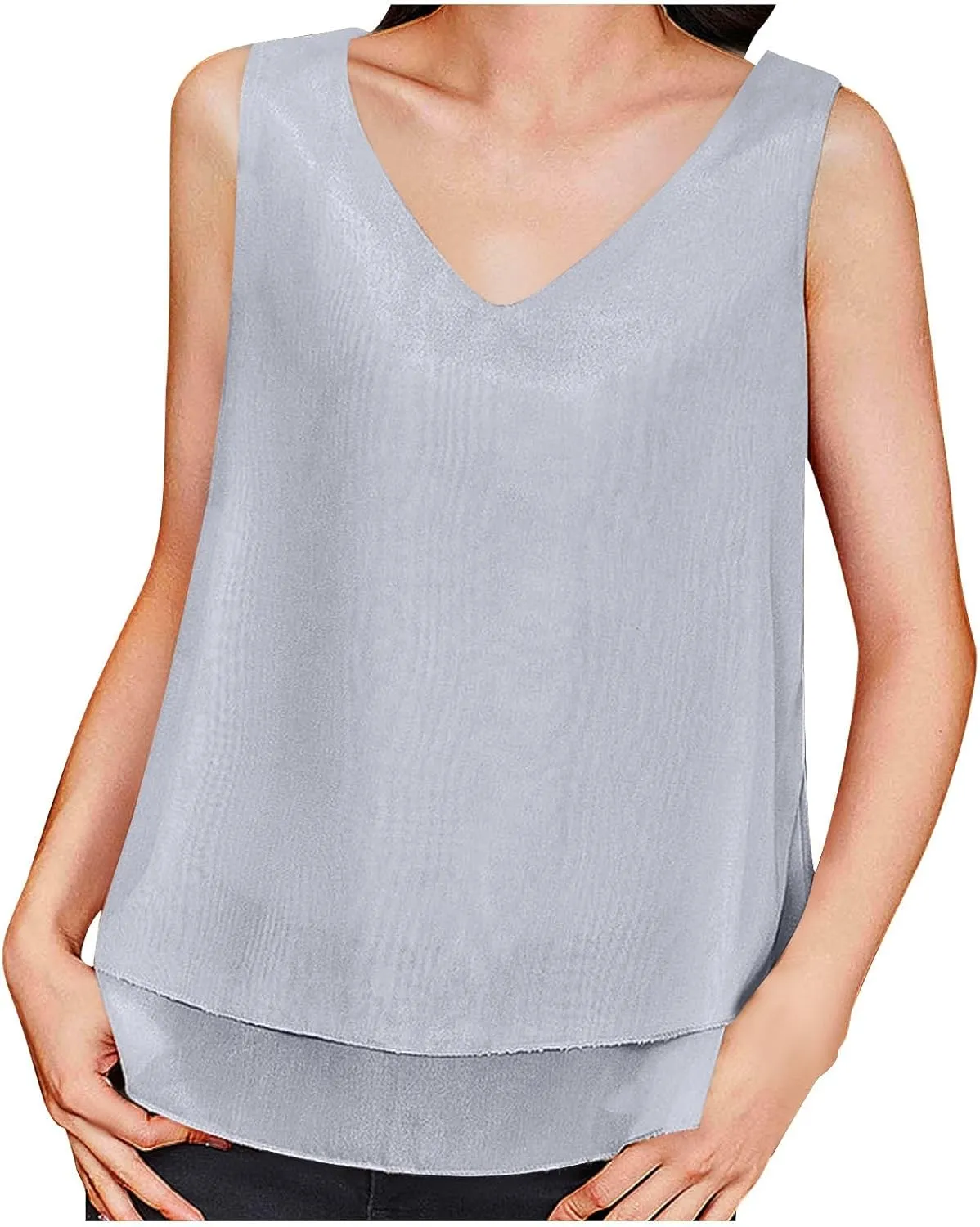Tank Tops for Women 2025 Loose Sleeveless V Neck Solid Color Chiffon Tank Top Double Layers Casual Summer Blouses