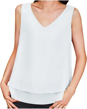 Tank Tops for Women 2025 Loose Sleeveless V Neck Solid Color Chiffon Tank Top Double Layers Casual Summer Blouses