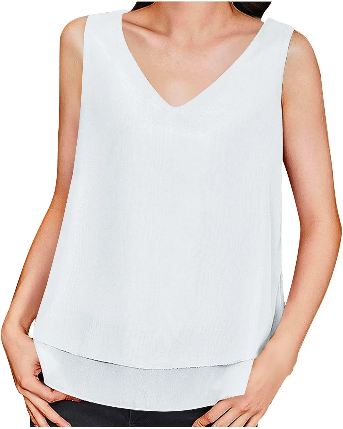 Tank Tops for Women 2025 Loose Sleeveless V Neck Solid Color Chiffon Tank Top Double Layers Casual Summer Blouses