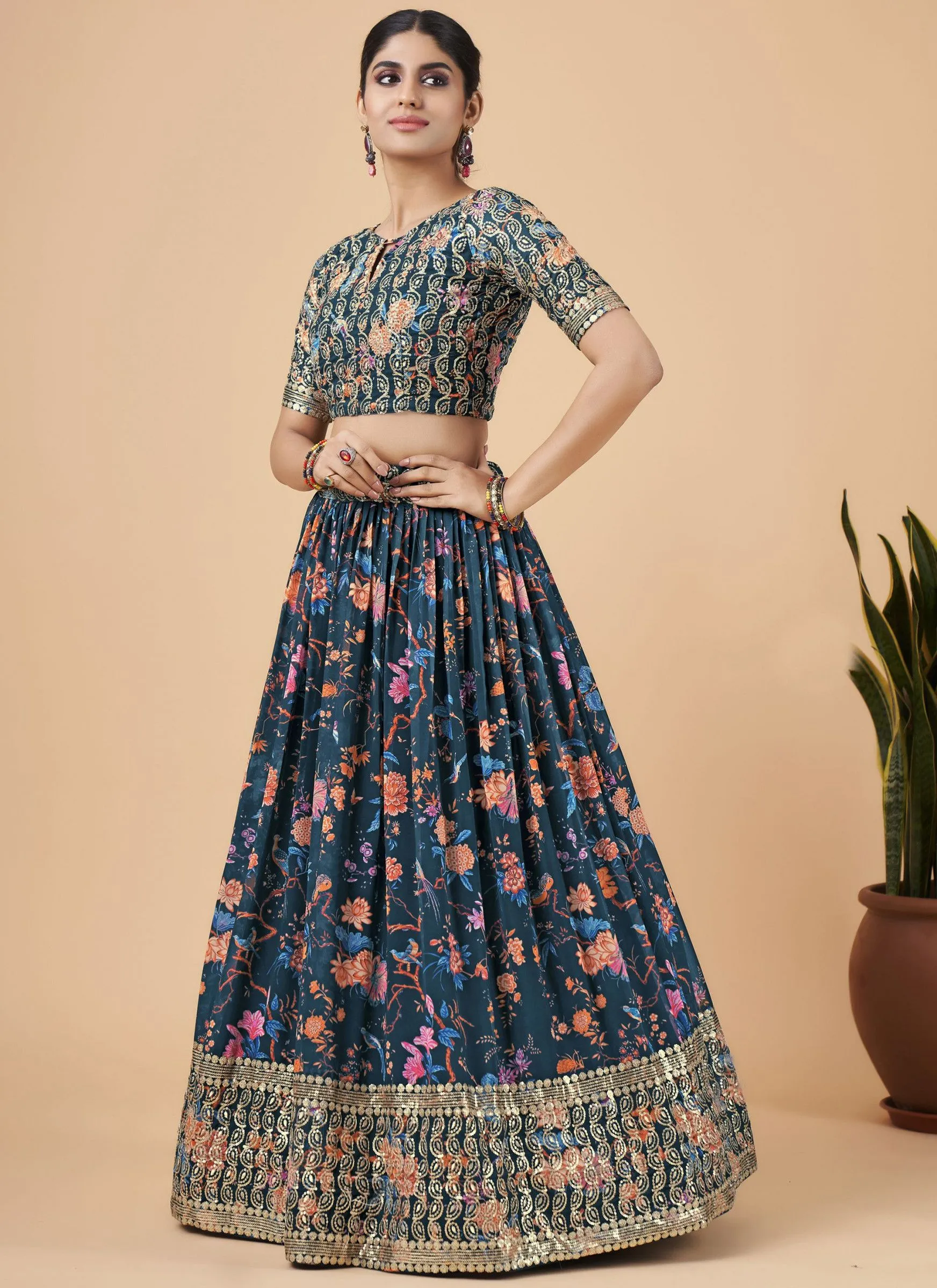 Teal Blue Designer Printed Faux Georgette Sequins Embroidery Work Lehenga Choli