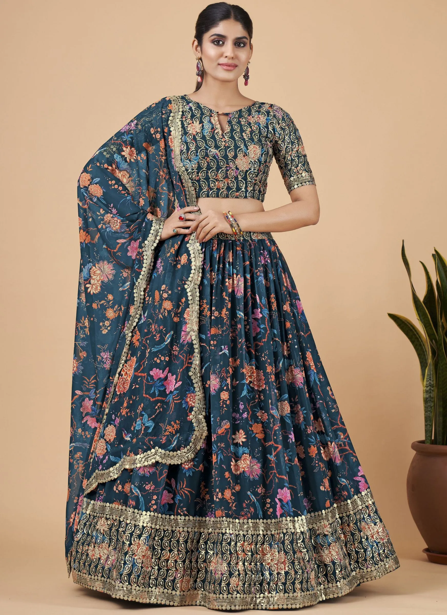 Teal Blue Designer Printed Faux Georgette Sequins Embroidery Work Lehenga Choli