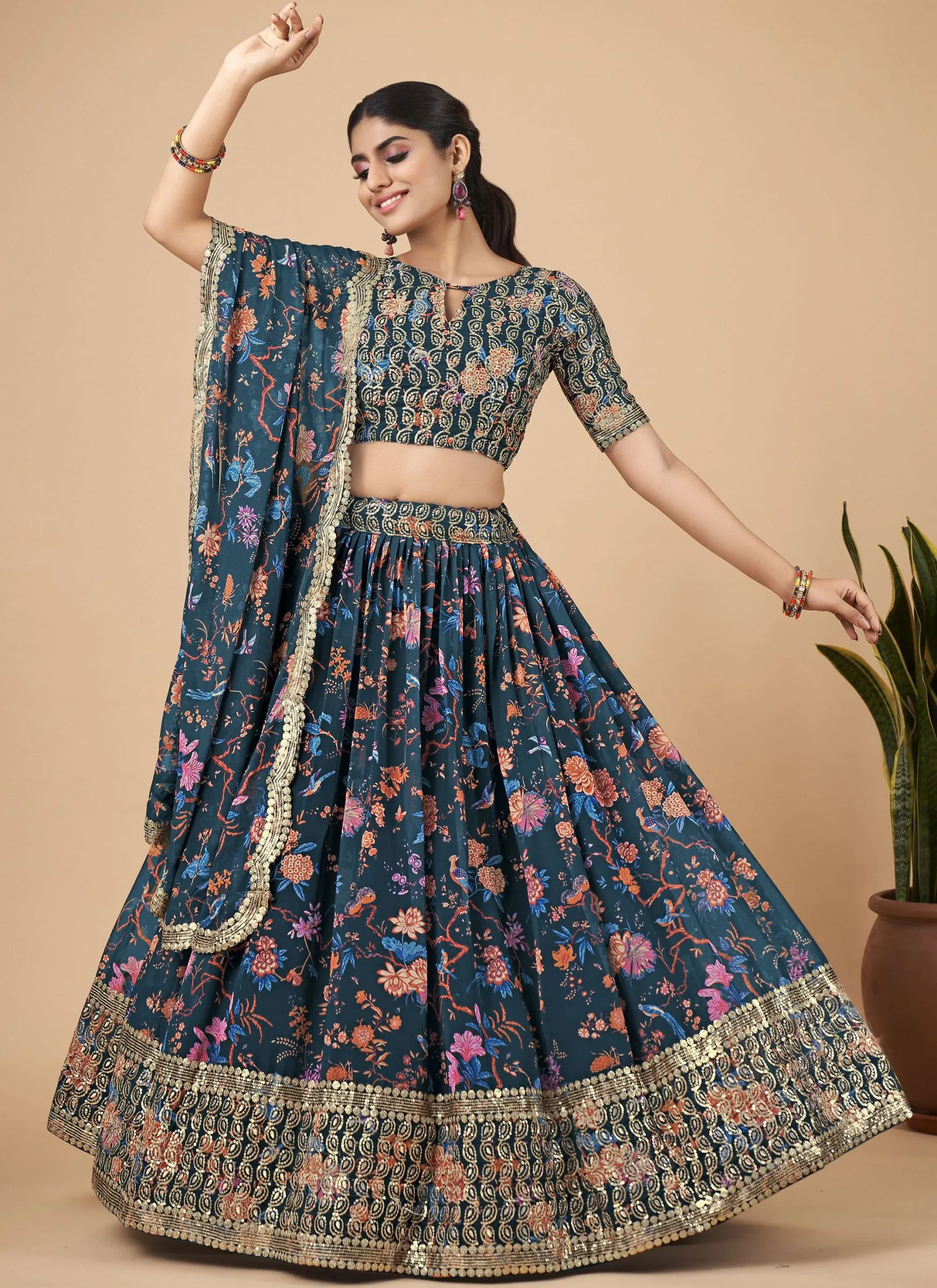 Teal Blue Designer Printed Faux Georgette Sequins Embroidery Work Lehenga Choli