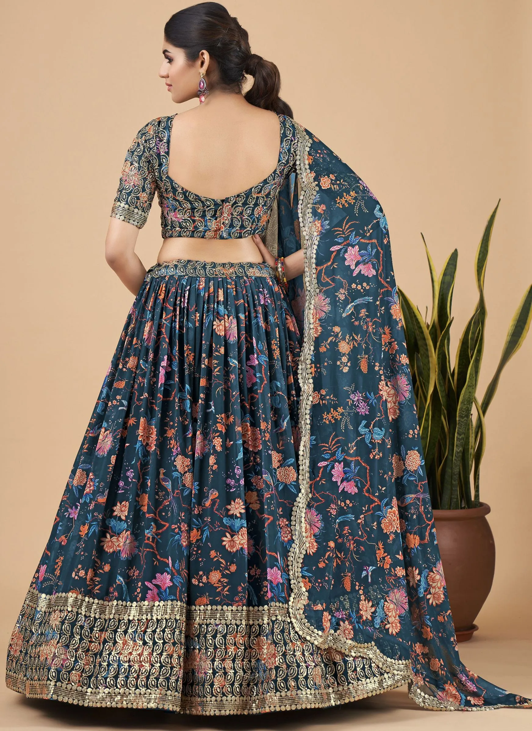 Teal Blue Designer Printed Faux Georgette Sequins Embroidery Work Lehenga Choli