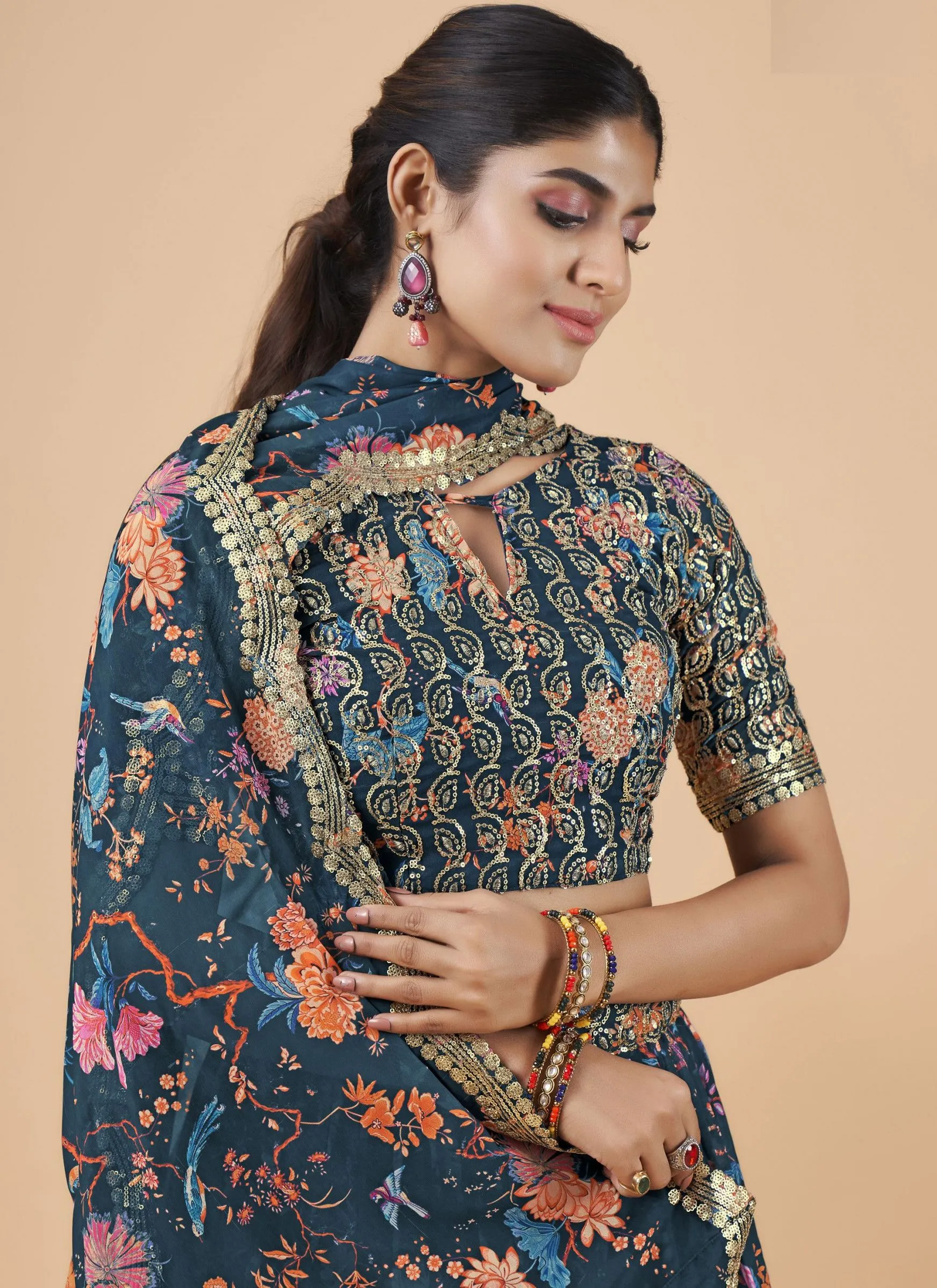 Teal Blue Designer Printed Faux Georgette Sequins Embroidery Work Lehenga Choli