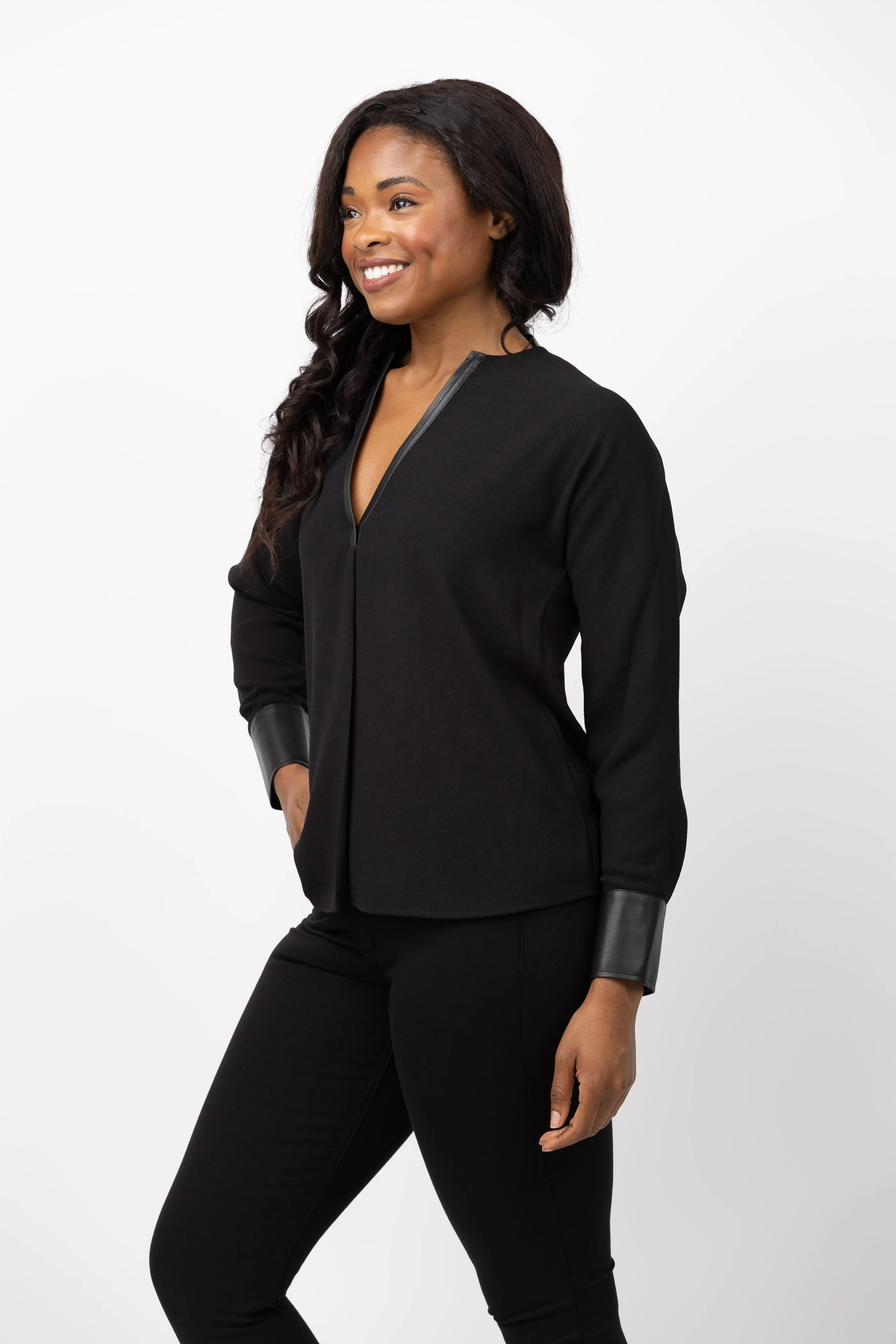 Vince Leather Trim Dolman Sleeve Blouse in Black