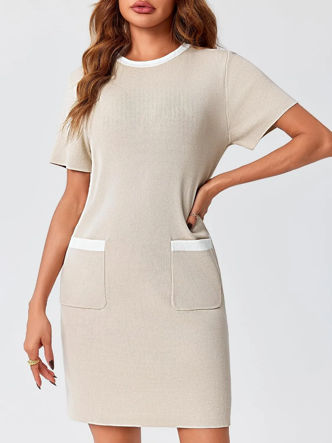 Wenrine Womens Work Dress Business Casual Contrast Color Elegant Short Sleeve Knit Summer Mini Dress