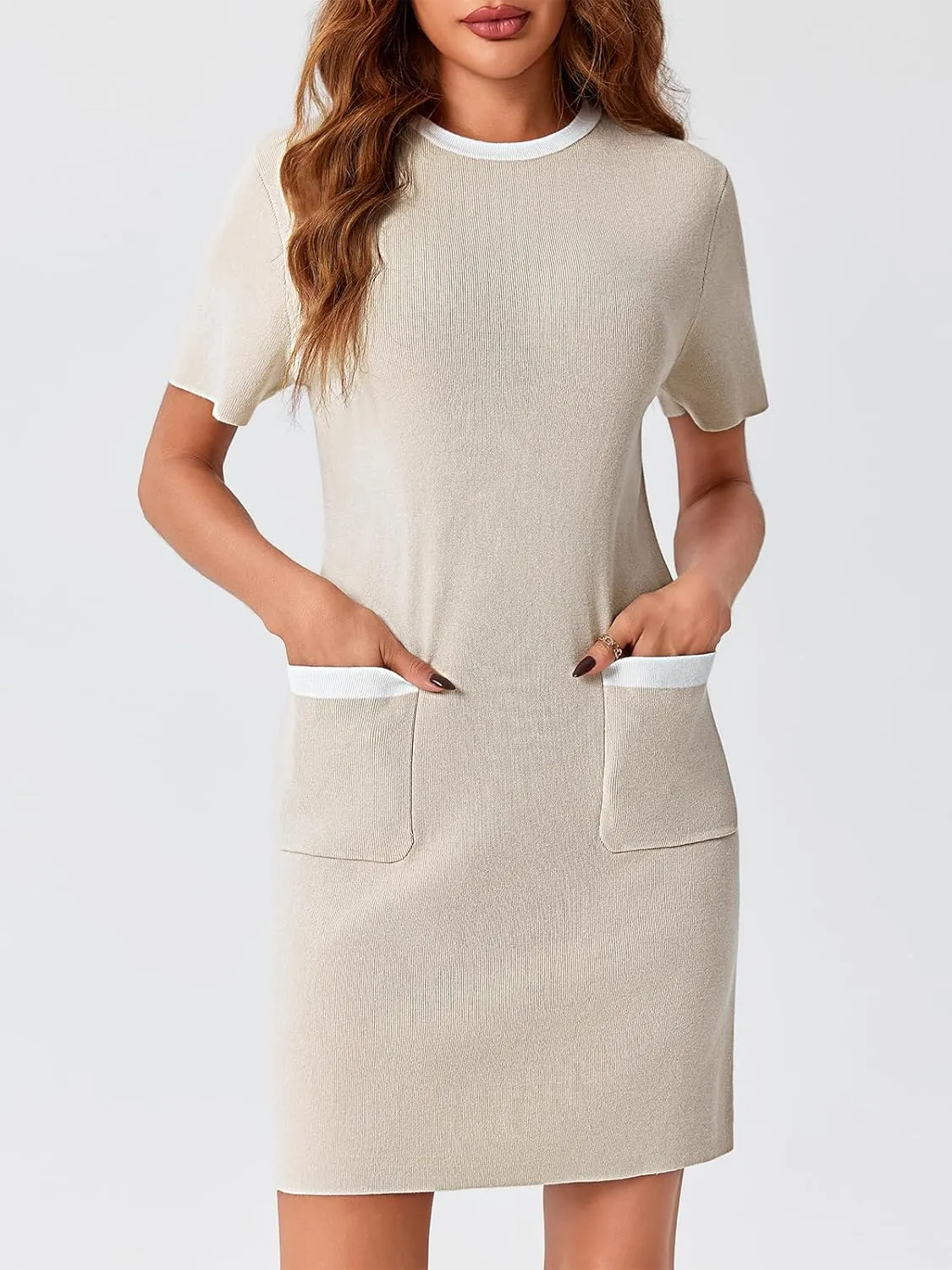 Wenrine Womens Work Dress Business Casual Contrast Color Elegant Short Sleeve Knit Summer Mini Dress