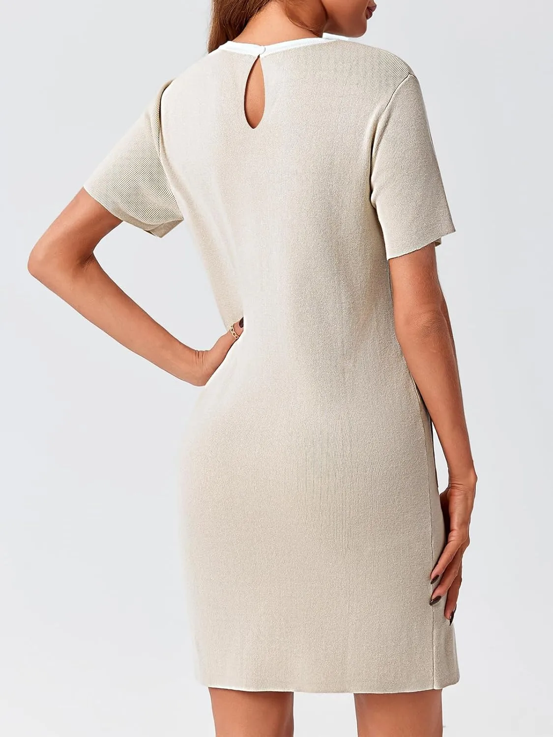 Wenrine Womens Work Dress Business Casual Contrast Color Elegant Short Sleeve Knit Summer Mini Dress