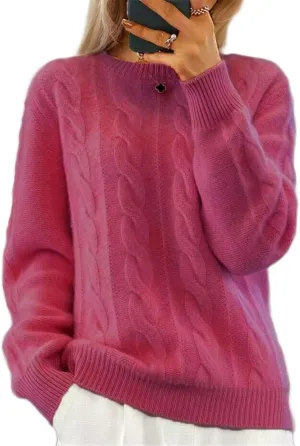 Women's Cable Knit Chunky Sweater Crewneck Long Sleeve Solid Retro Warm Elegant Pullover Jumper Knitwear
