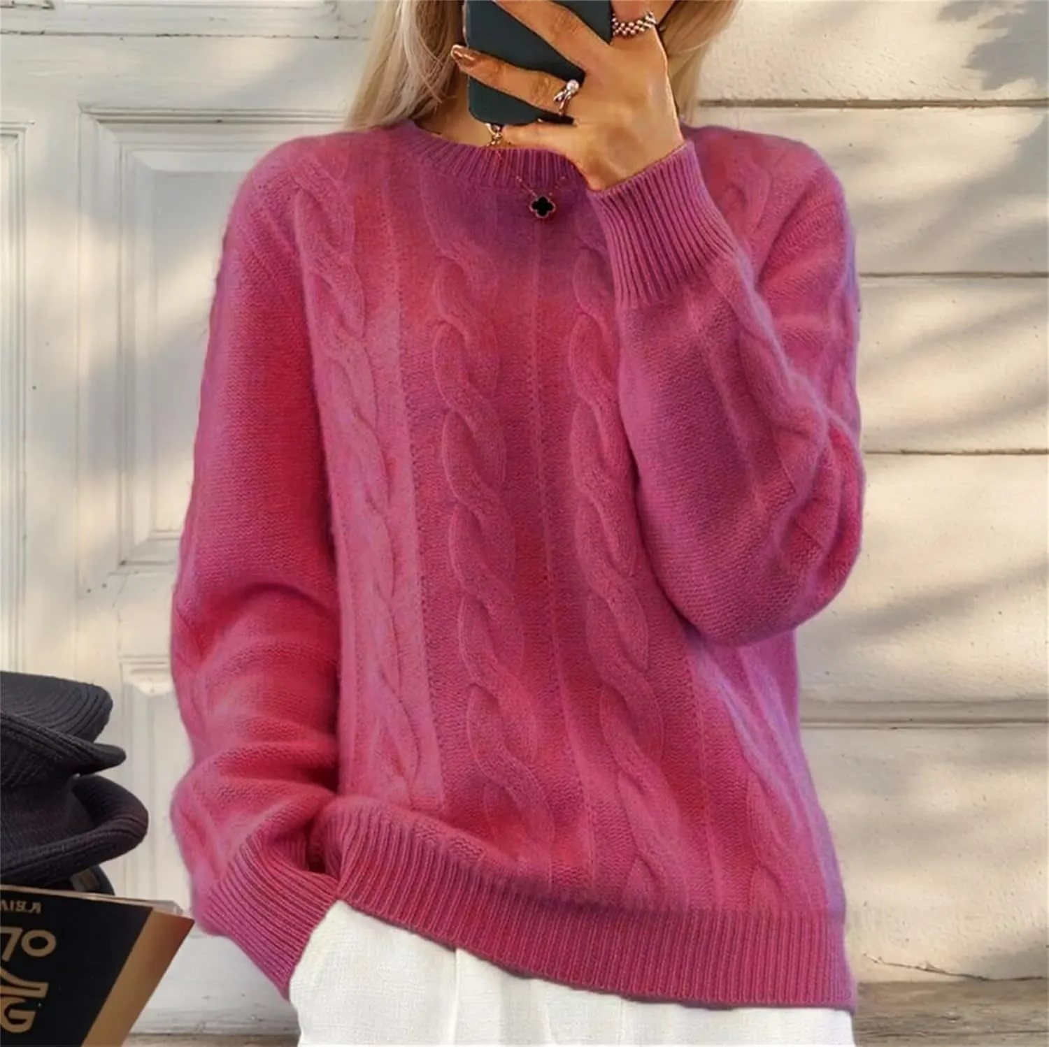 Women's Cable Knit Chunky Sweater Crewneck Long Sleeve Solid Retro Warm Elegant Pullover Jumper Knitwear