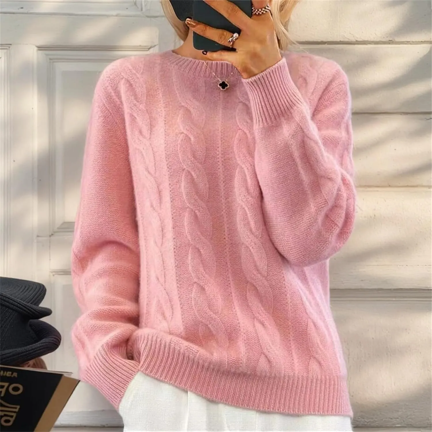 Women's Cable Knit Chunky Sweater Crewneck Long Sleeve Solid Retro Warm Elegant Pullover Jumper Knitwear