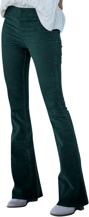 Women's Corduroy Flare Pants Skinny High Waisted Business Casual Pant Side Zipper Wide Leg Trousers with Pockets