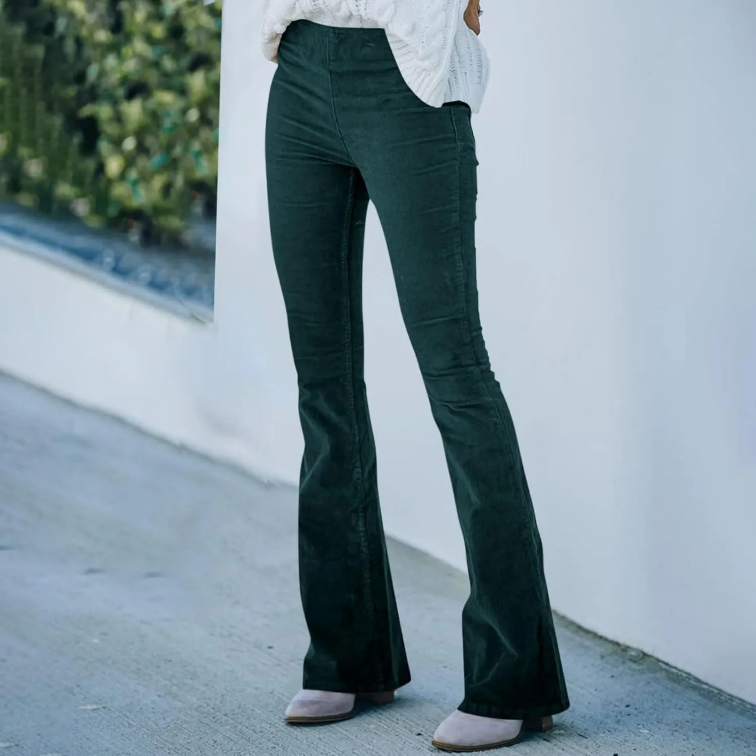 Women's Corduroy Flare Pants Skinny High Waisted Business Casual Pant Side Zipper Wide Leg Trousers with Pockets