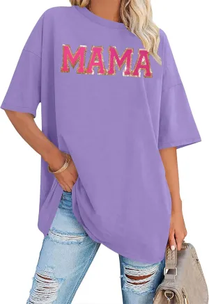 Women's Mama Shirt: Oversized Mama Shirts Trendy Mom T Shirt Loose Casual Summer Shirts Letter Print Short Sleeve Tops