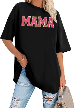 Women's Mama Shirt: Oversized Mama Shirts Trendy Mom T Shirt Loose Casual Summer Shirts Letter Print Short Sleeve Tops