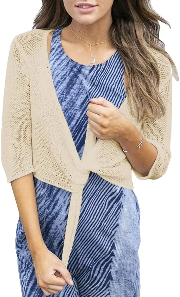 YeMgSiP Women's Tie Front Shrug 3/4 Sleeve Bolero Sheer Knotted Lightweight Cardigan Sweaters Short Shawl Tops